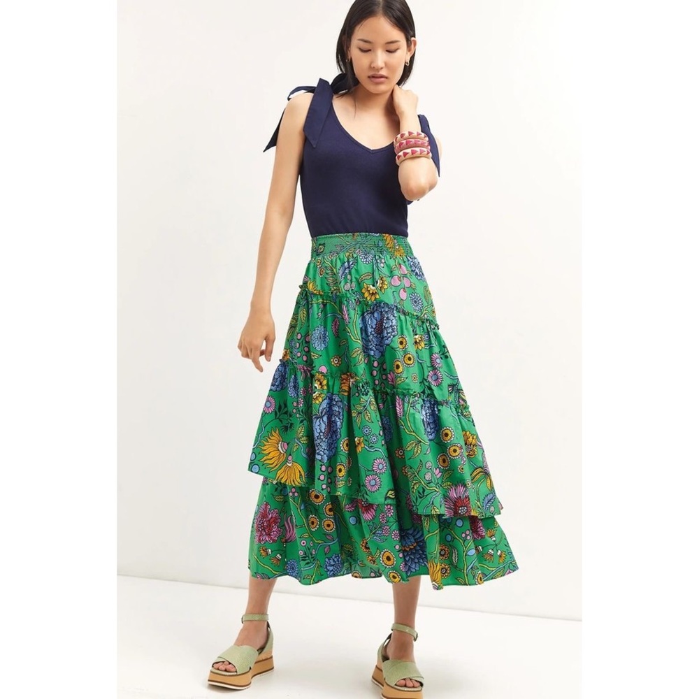 Anthropologie Green Floral Maxi Skirt